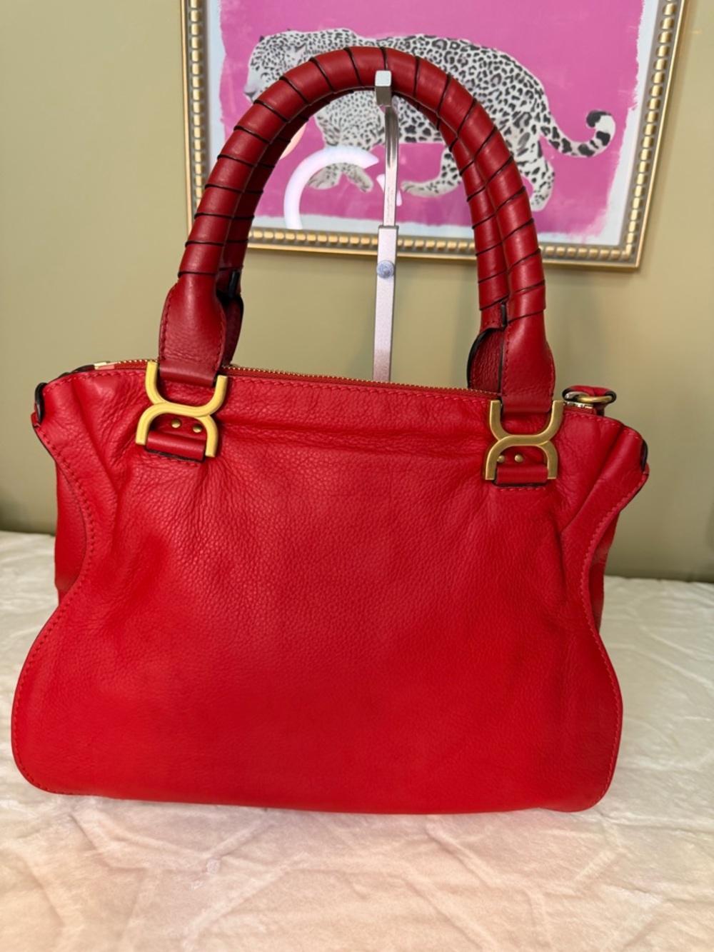 Chloe Red Pebbled Leather Medium Marcie Satchel with Gold Hardware - Picture 7 of 16